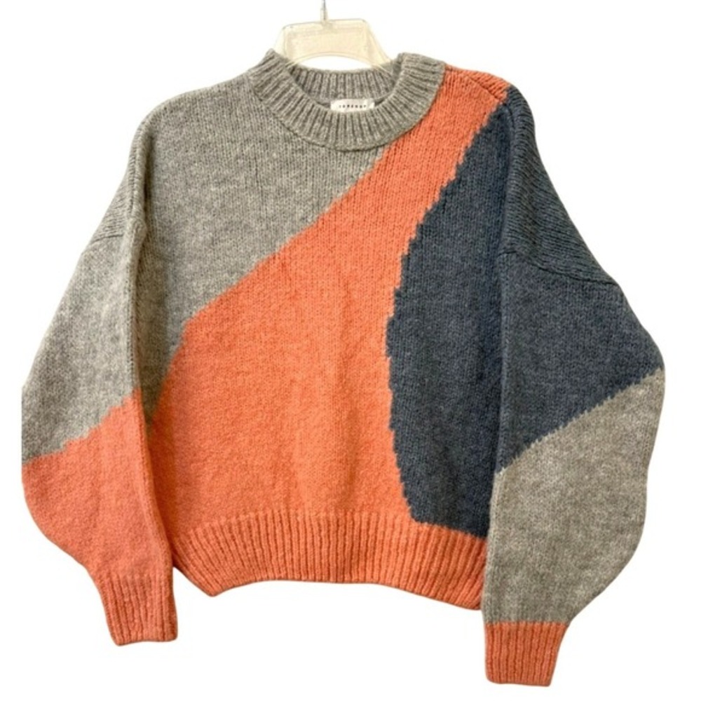 Top Shop Size Small Crewneck Abstract Oversize Crop Sweater Grey Peach Blue